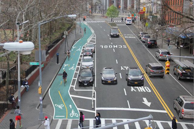 The south end of the proposed two-way bike lane on Chrystie Street, at Canal Street